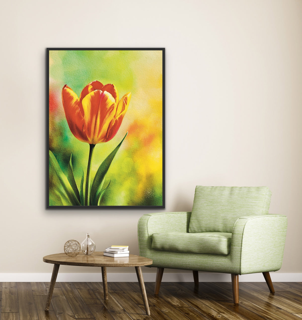 Red and Yellow Tulip – Large 24 x 36 framed in black floating framed Canvas Art Print.