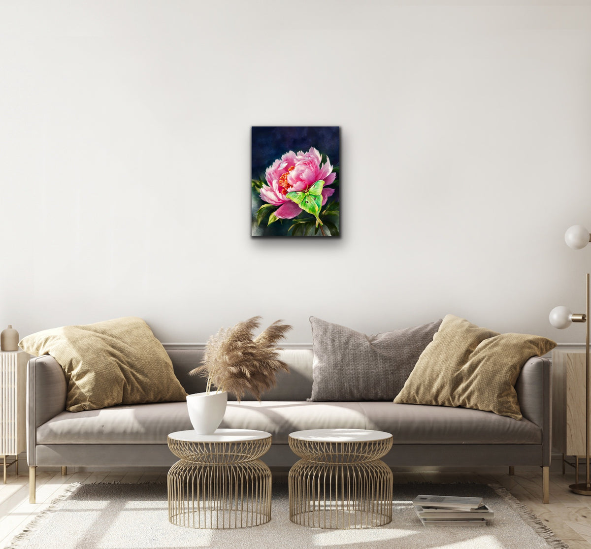 Peony with Luna Moth – Medium 12 x 16 unframed Canvas Art Print.