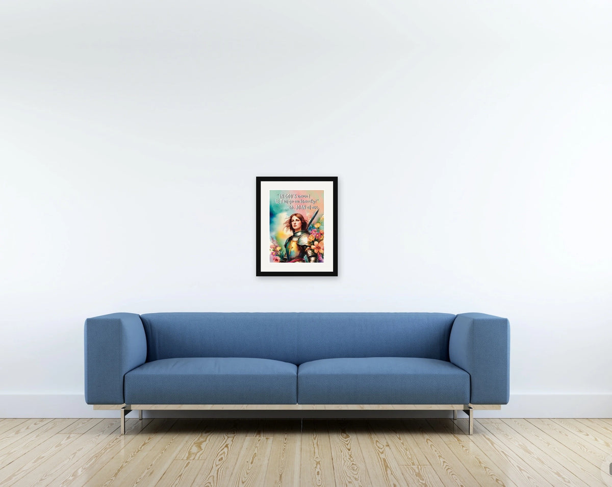 Saint Joan of Arc - medium 12 x 16 matted and framed art print shown hanging on a wall