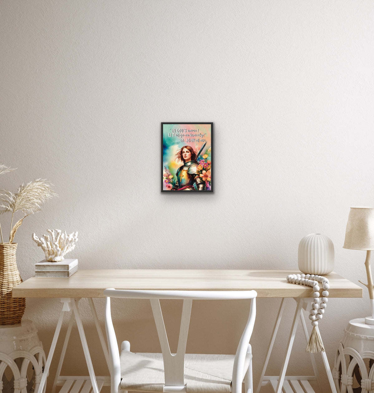 Saint Joan of Arc depicted in a dramatic historical canvas art print, framed in a small 8 × 10-inch black floating frame, wearing armor and holding a sword.