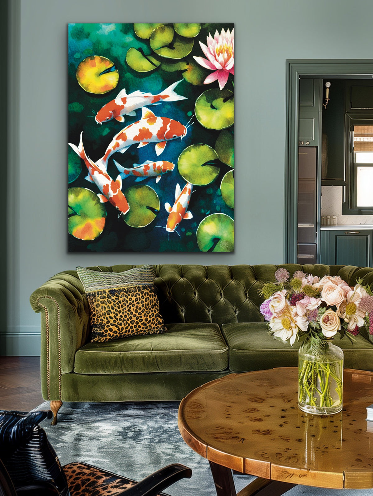 A extra large 36 x 48 art print unframed canvas art print of koi fish in a pond.