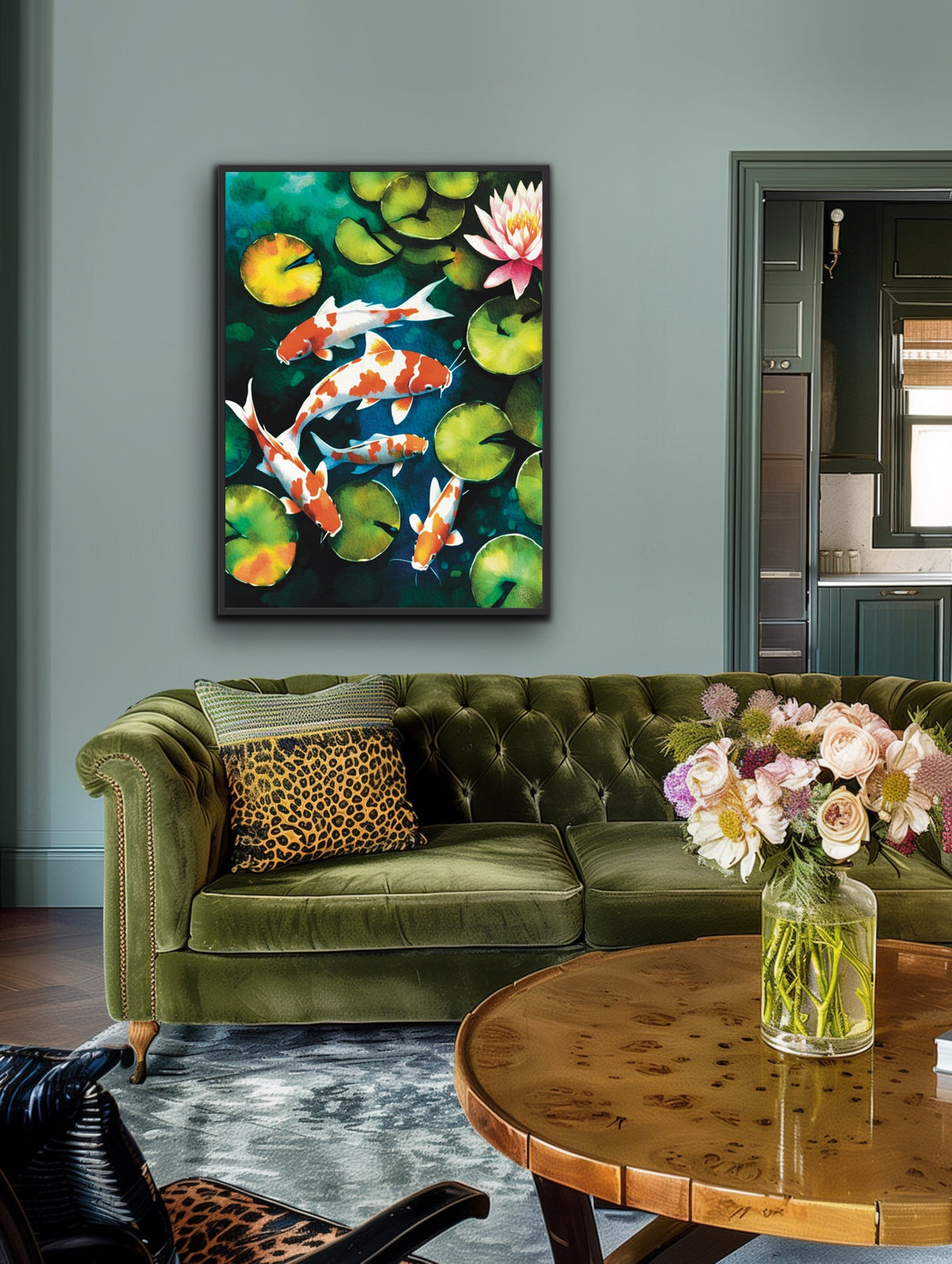 A large 24 x 36 art print framed in a black floating frame canvas art print of koi fish in a pond.