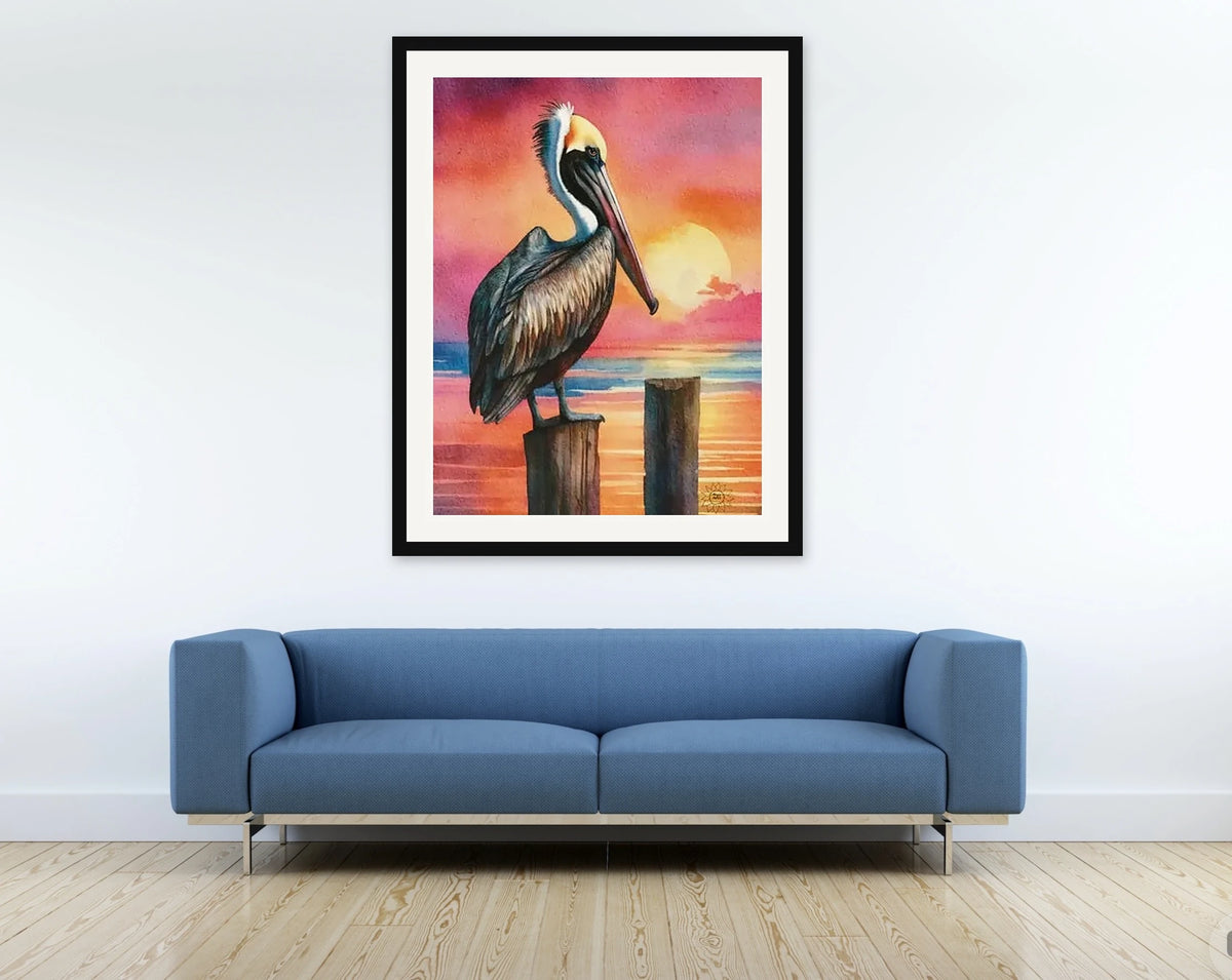 Sentry the Brown Pelican Watercolor Paper Art Prints