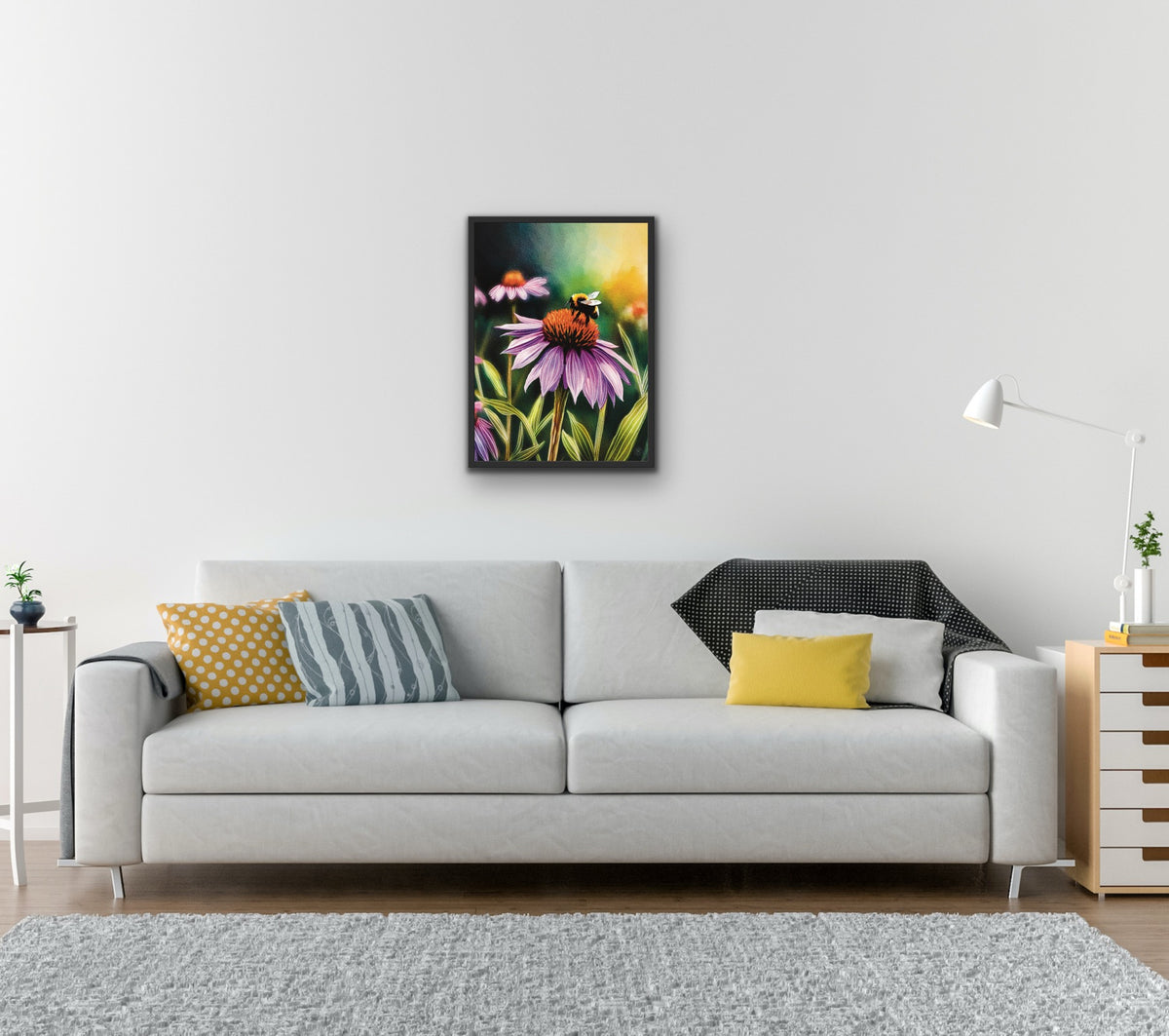 Purple Cone Flower with Bee – Medium 12 x 16 framed in a black floating frame Canvas Art Print.
