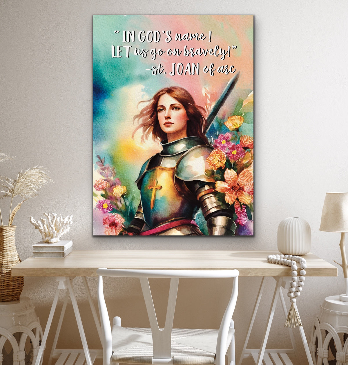 Saint Joan of Arc depicted in a dramatic historical large 24 x 36 unframed canvas art print, wearing armor and holding a sword.