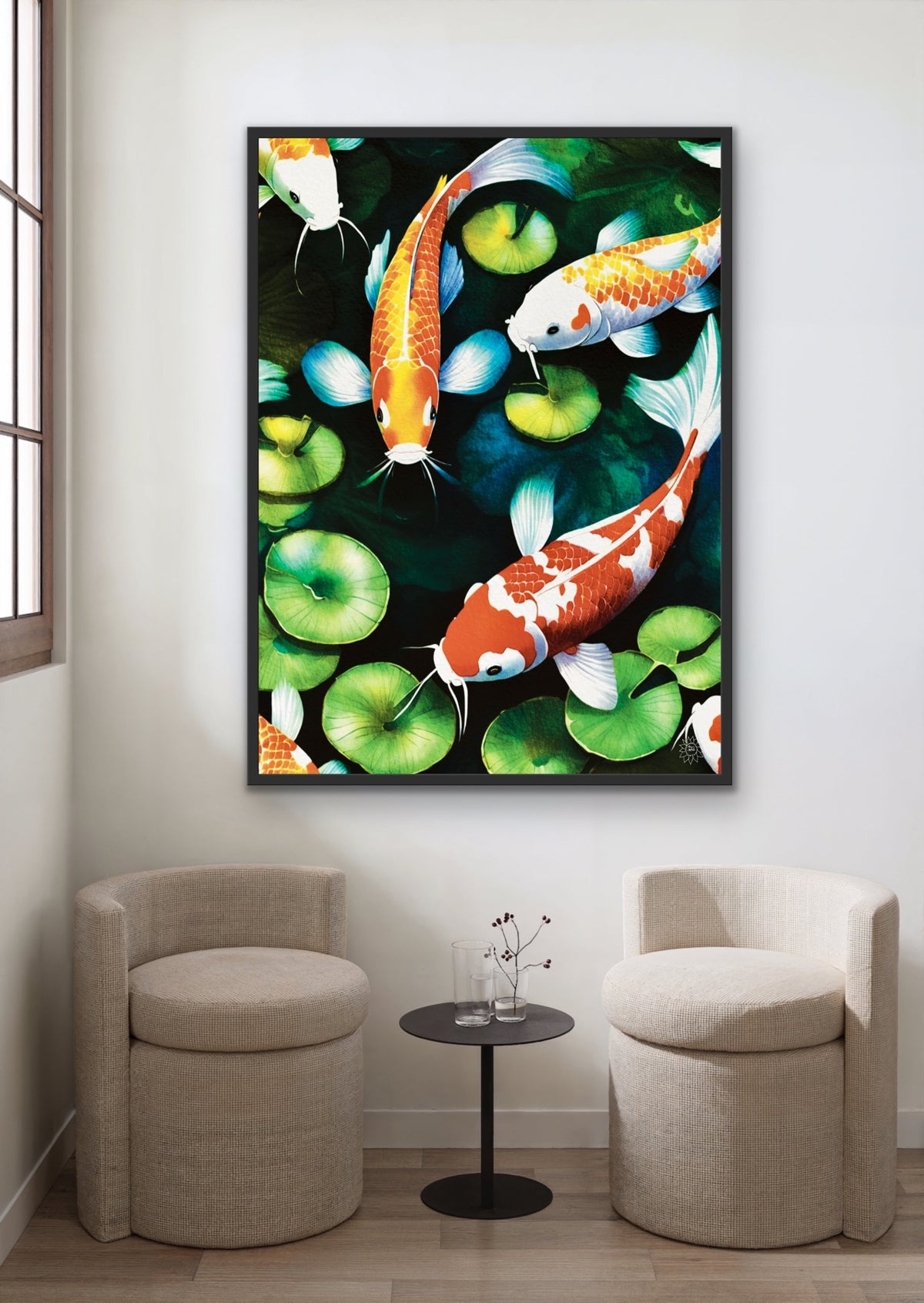 A extra large 36 x 24 colorful framed in black floating frame canvas wall art print depicting koi fish.