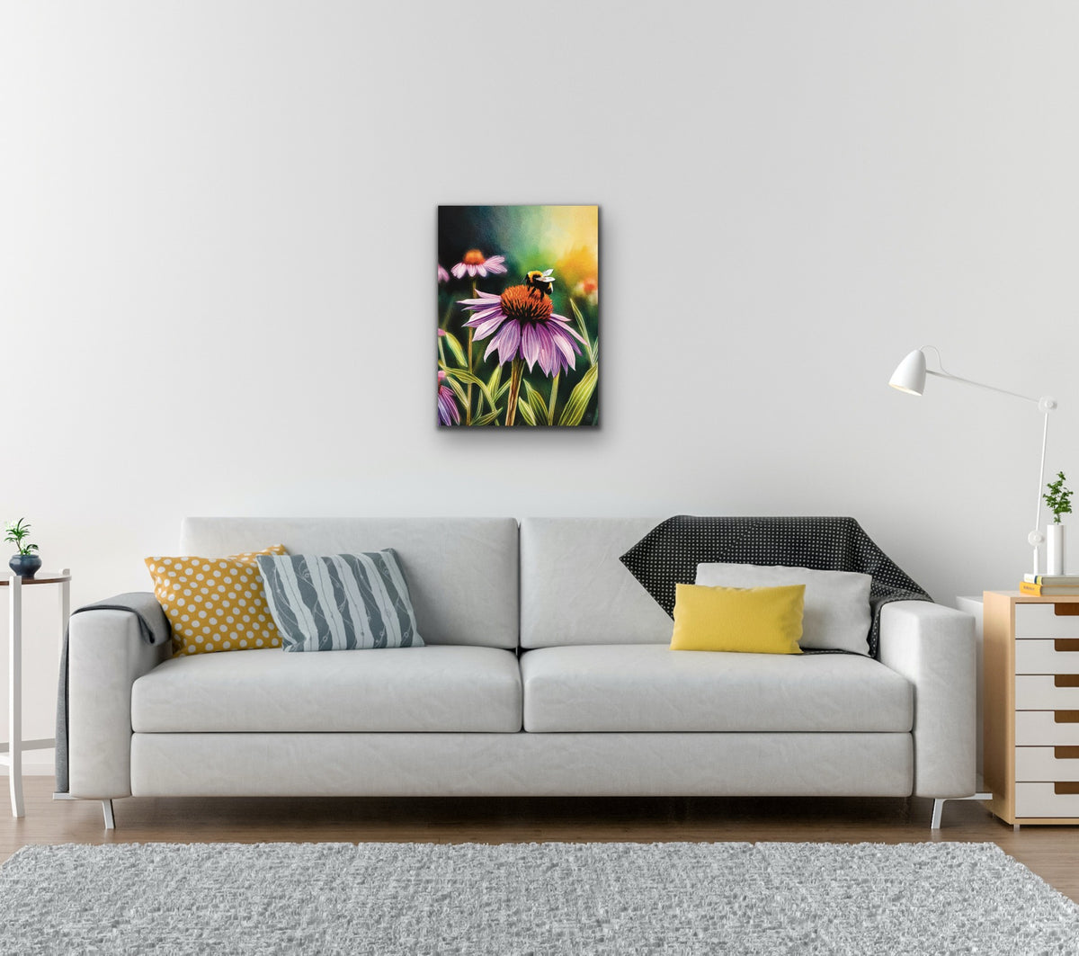 Purple Cone Flower with Bee –Medium 12 x 16 unframed Canvas Art Print.