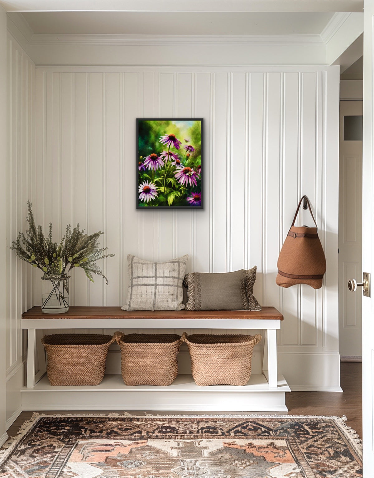 Cone Flowers with Bee – Medium 12 x 16 framed with a black floating frame Canvas Art Print.
