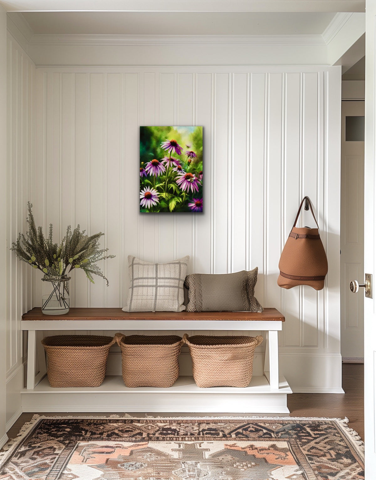 Cone Flowers with Bee – Medium 12 x 16 unframed Canvas Art Print.