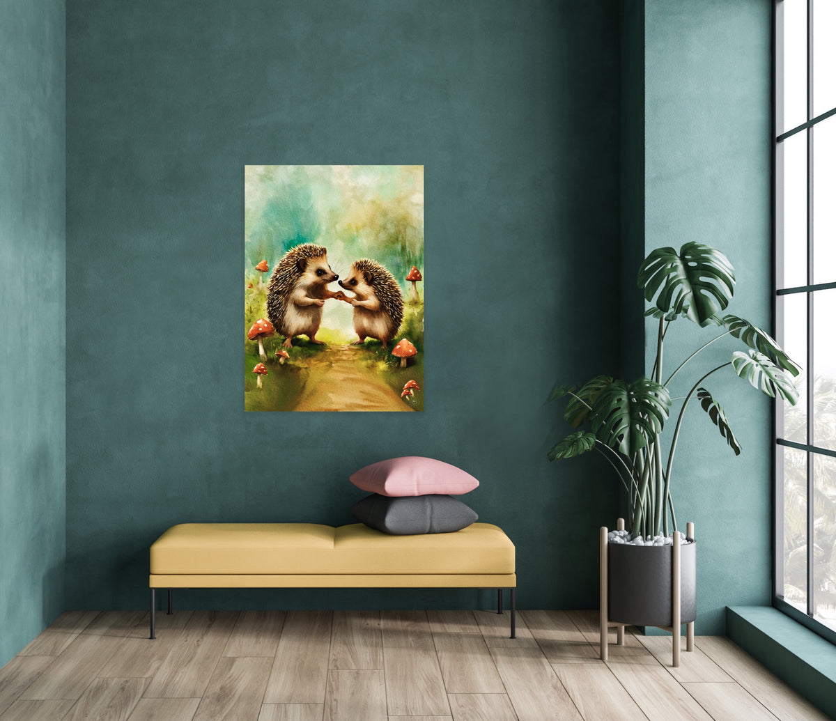A whimsical watercolor print featuring the adorable "Oliver and Hazel Hedgehog Sweethearts," perfect for adding charm and warmth to any space. Size 24 x 36 unframed.