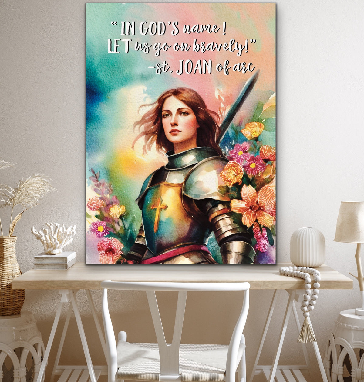 Saint Joan of Arc depicted in a dramatic historical extra large 36 x 48 unframed canvas art print, wearing armor and holding a sword.