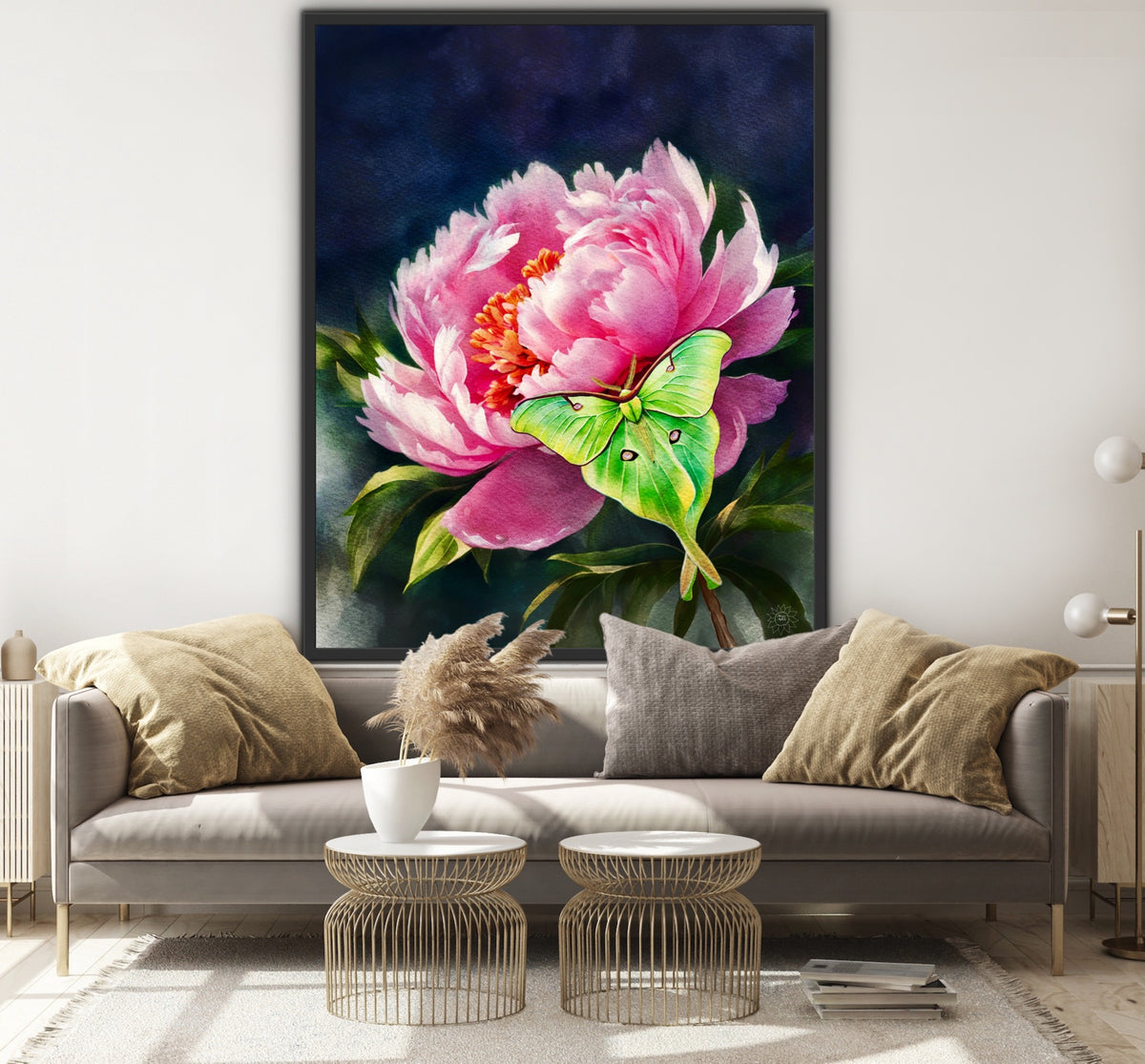 Peony with Luna Moth – Extra large 36 x 48 framed in black with a floating frame Canvas Art Print.