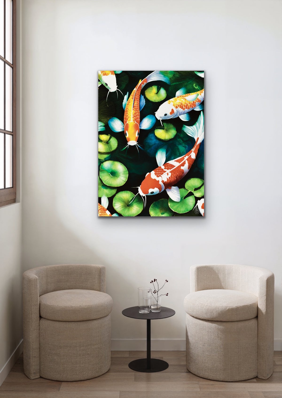 A large 24 x 36 colorful unframed canvas wall art print depicting koi fish.