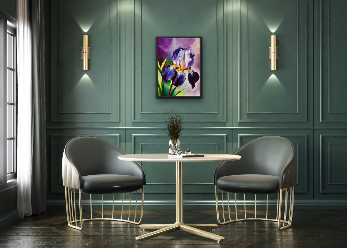 Purple Iris – Canvas Art Print. Medium 12 x 16 framed in a black floating frame print.
