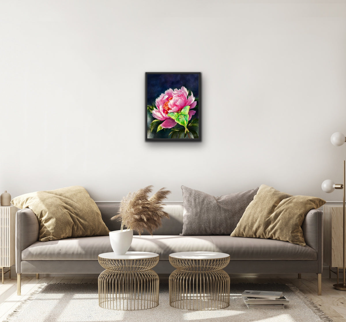 Peony with Luna Moth – Medium 12 x 16 framed in black with a floating frame Canvas Art Print.
