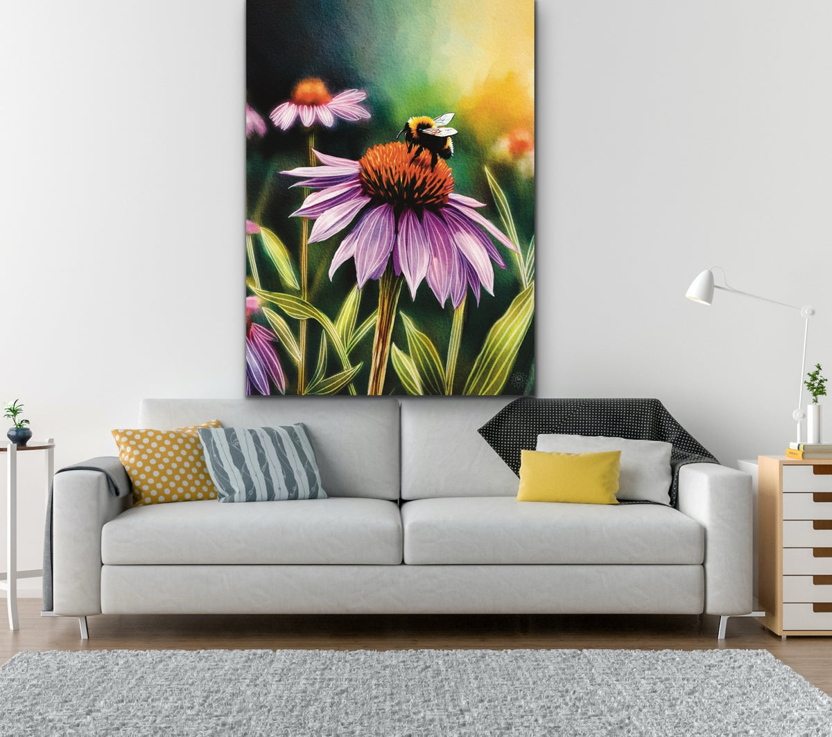 Purple Cone Flower with Bee – Extra large 36 x 48 unframed Canvas Art Print.