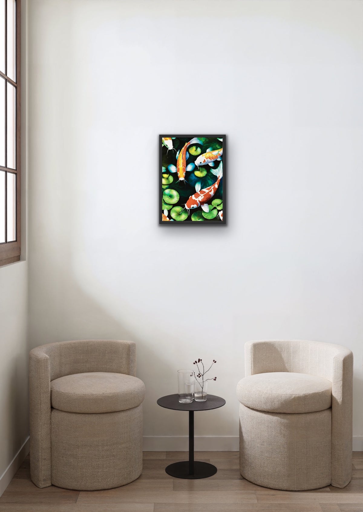 A medium 12 x 16 colorful framed in black floating frame canvas wall art print depicting koi fish.