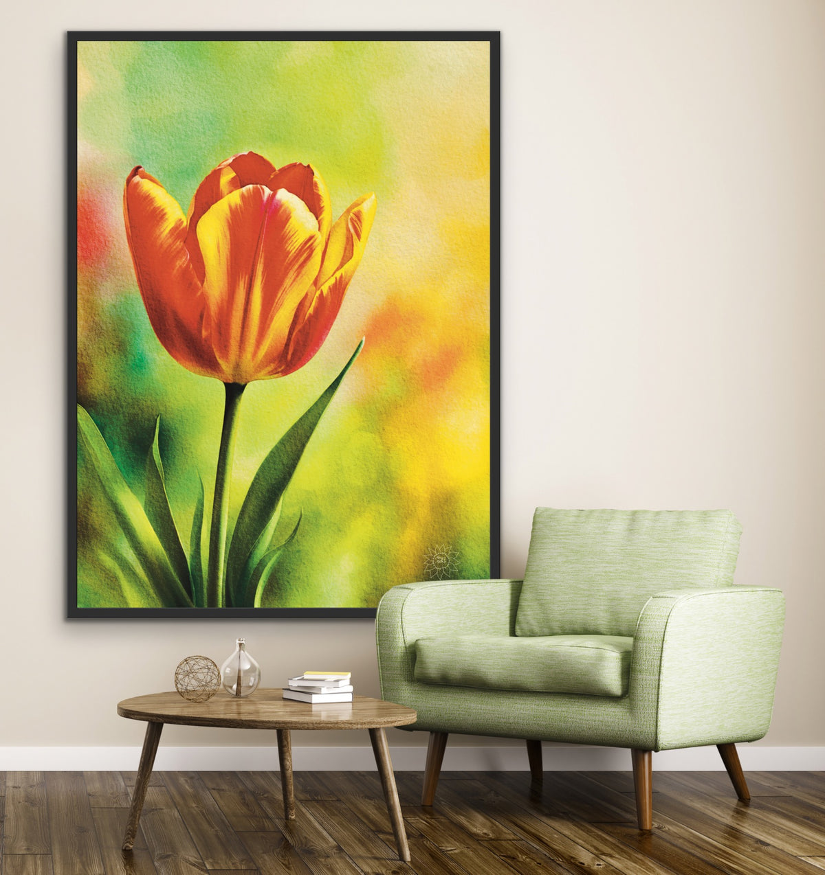 Red and Yellow Tulip – Extra large 36 x 48 framed in black floating framed Canvas Art Print.