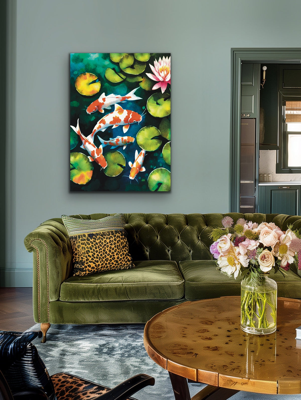 A large 24 x 36 art print unframed canvas art print of koi fish in a pond.