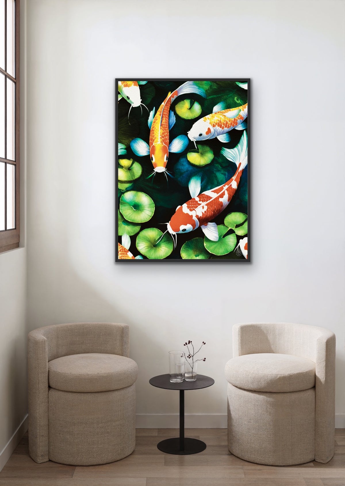 A large 24 x 36 colorful framed in black floating frame canvas wall art print depicting koi fish.