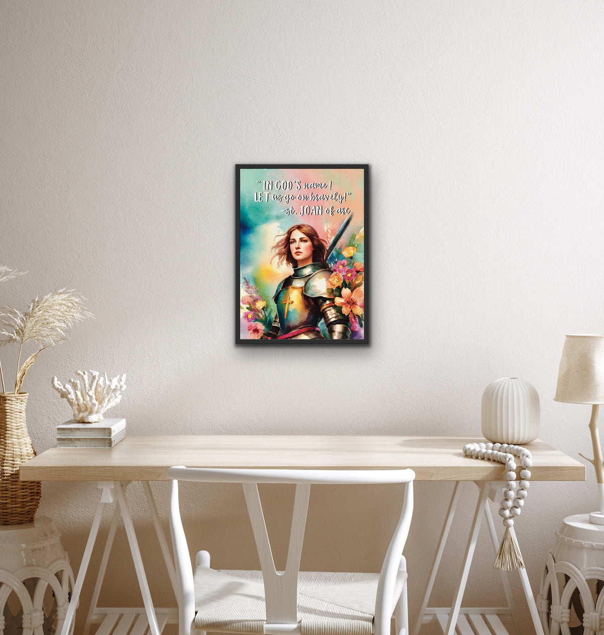 Saint Joan of Arc depicted in a dramatic historical canvas art print, framed in a medium 12 x 16-inch black floating frame, wearing armor and holding a sword.