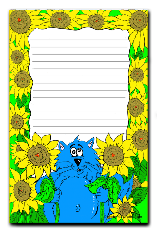 Notebook with a blue cat and sunflower border