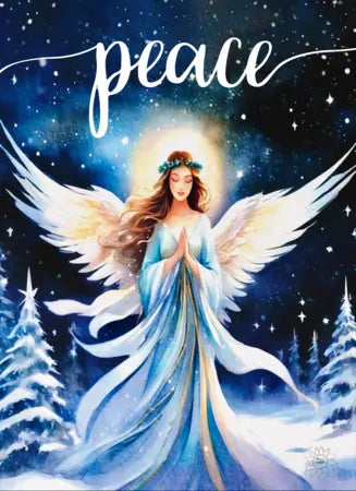 Card with an angel holding 'peace' in a snowy landscape