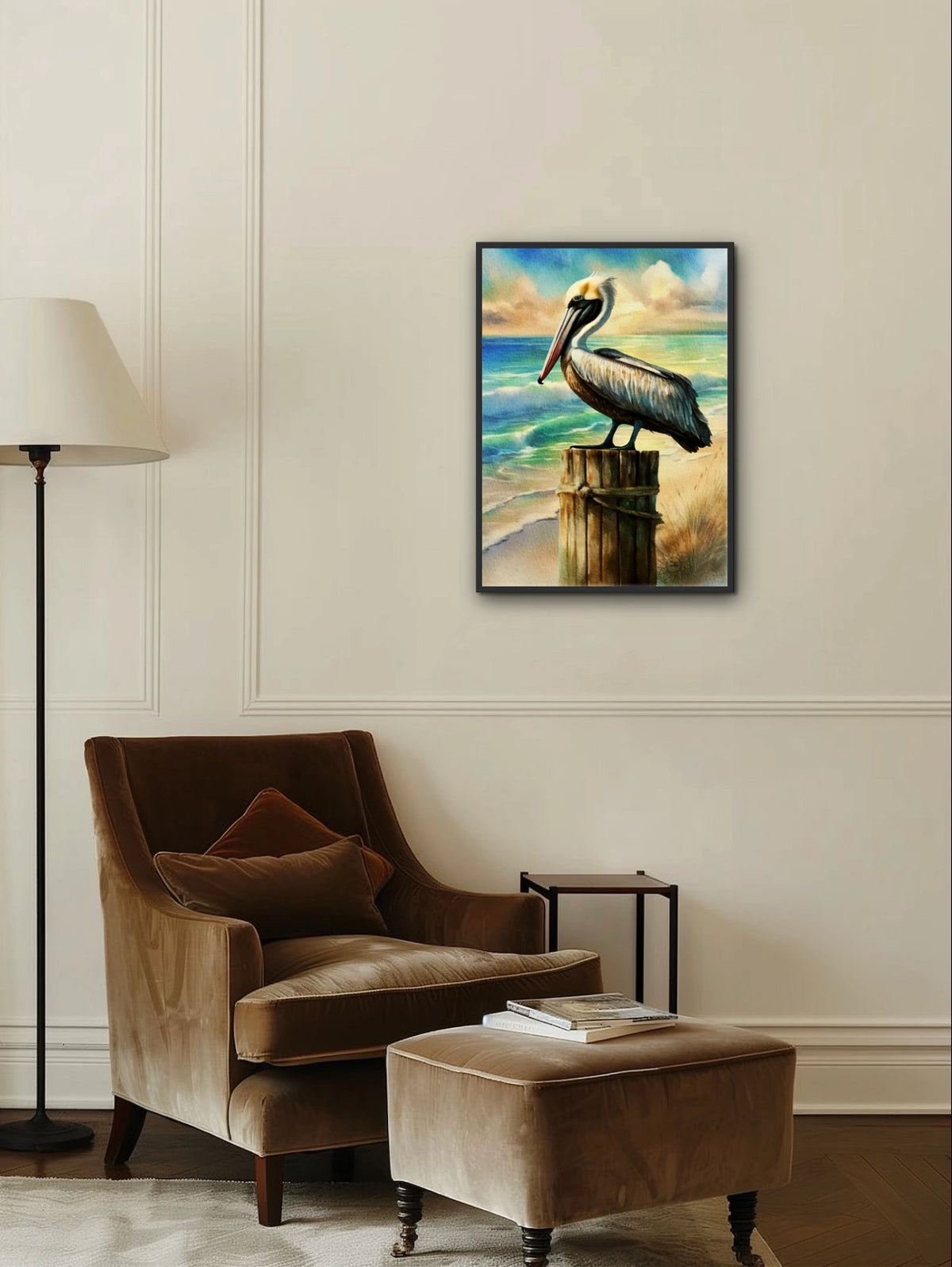 Bali the Brown Pelican - large 24 x 36 framed art print shown hanging on a wall