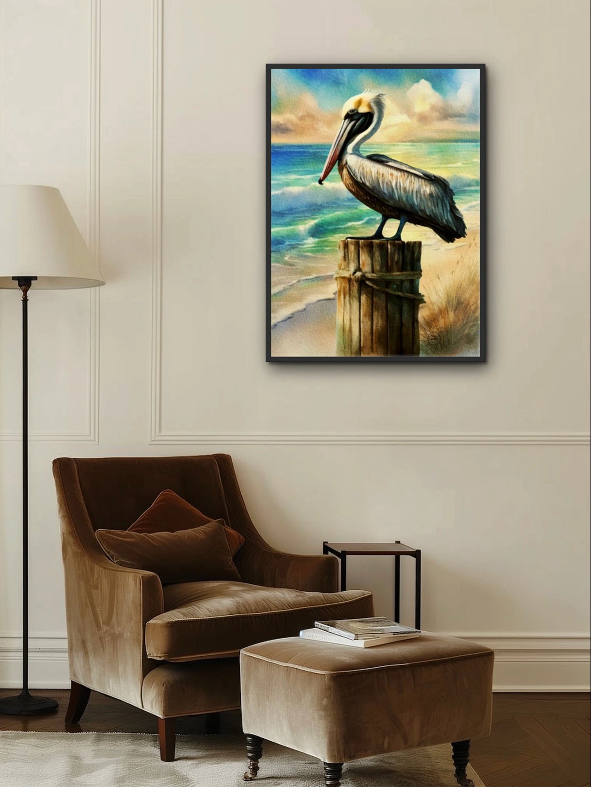Bali the Brown Pelican - extra large 36 x 48 framed art print shown hanging on a wall