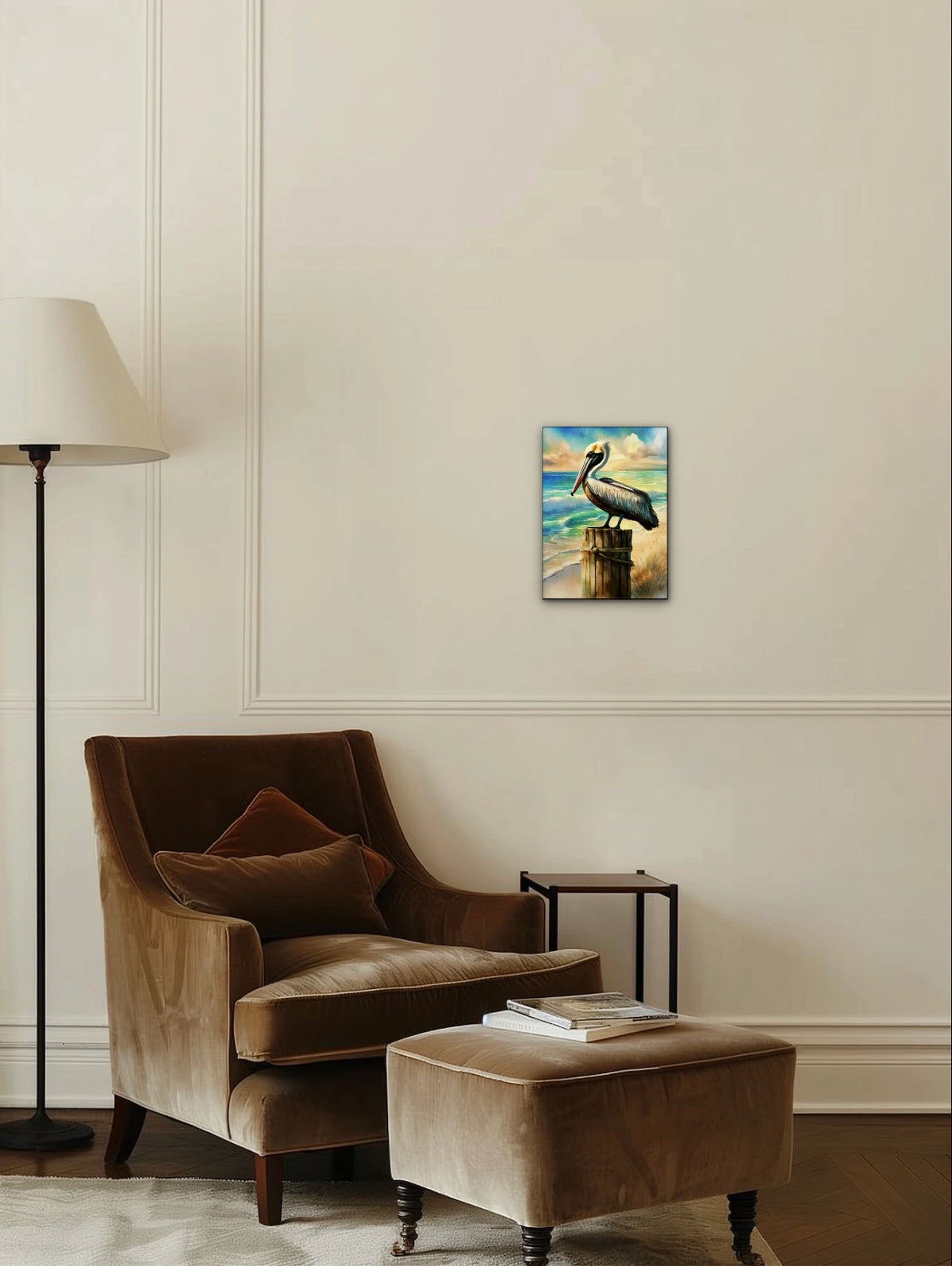 Bali the Brown Pelican - medium 12 x 16 unframed art print shown hanging on a wall
