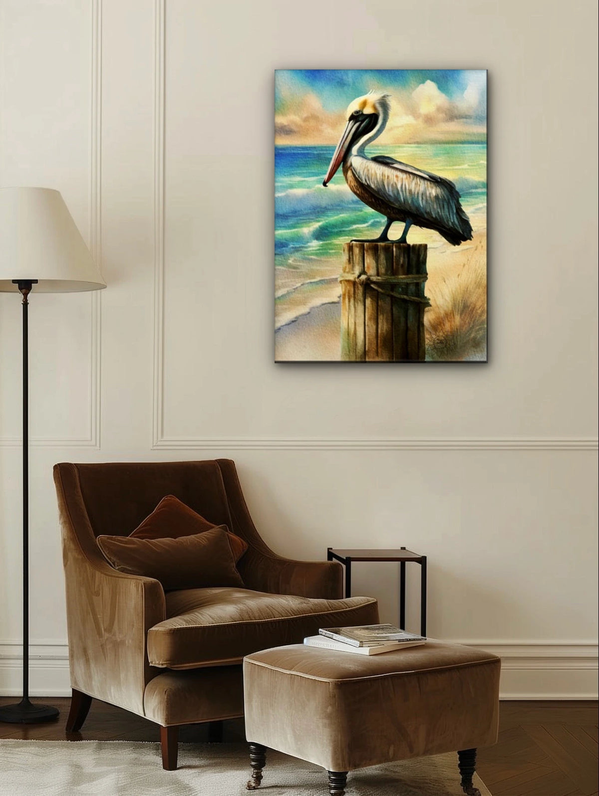Bali the Brown Pelican - extra large 36 x 48 unframed art print shown hanging on a wall