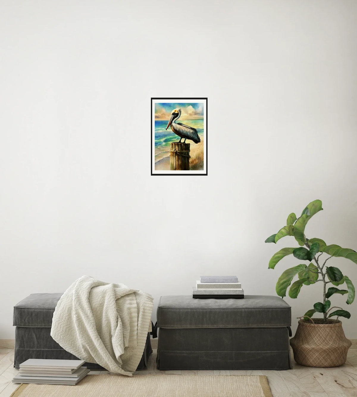 Bali the Brown Pelican - medium 12 x 16 matted and framed art print shown hanging on a wall