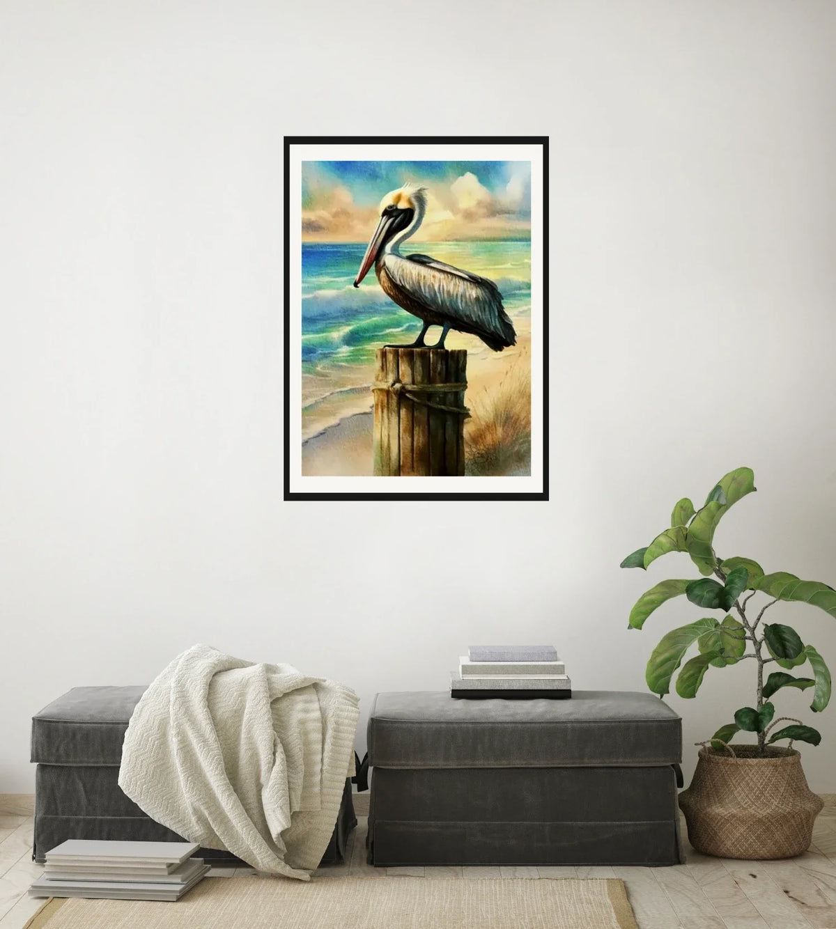 Bali the Brown Pelican - large 24 x 36 matted and framed art print shown hanging on a wall