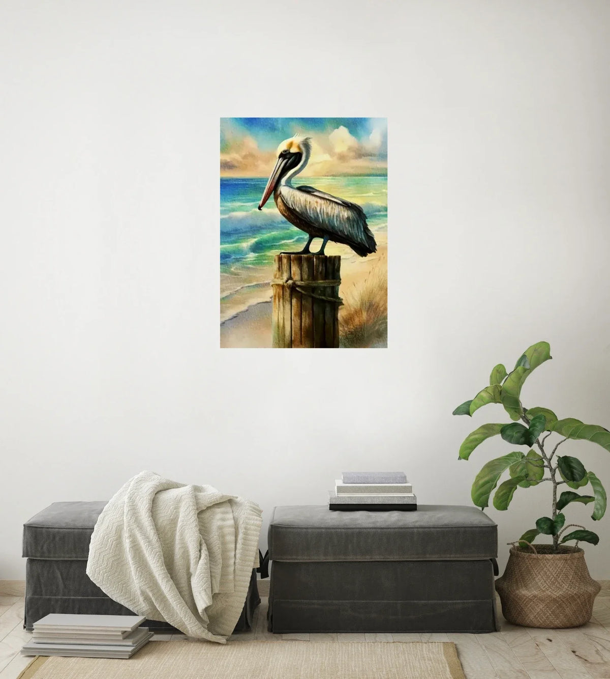 Bali the Brown Pelican - large 24 x 36 unframed art print shown hanging on a wall
