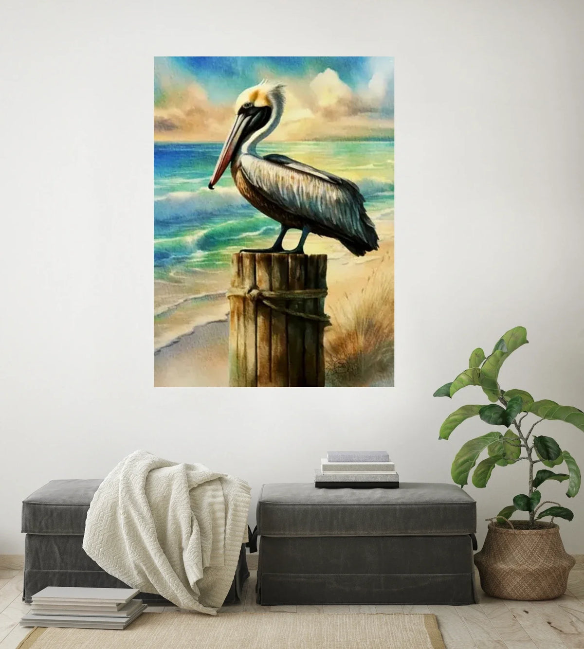 Bali the Brown Pelican - extra large 36 x 48 unframed art print shown hanging on a wall