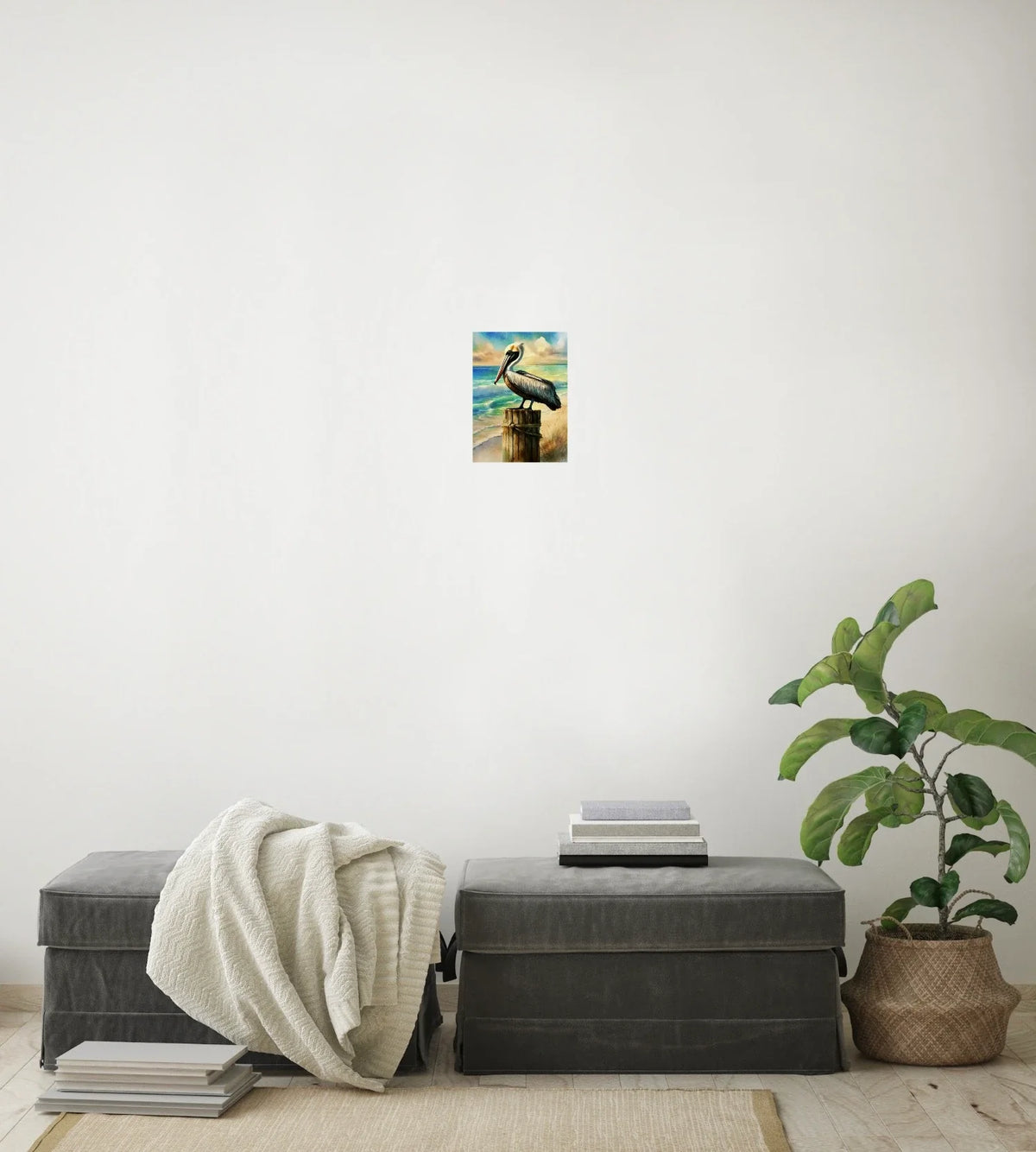 Bali the Brown Pelican - small 8 x 10 unframed art print shown hanging on a wall