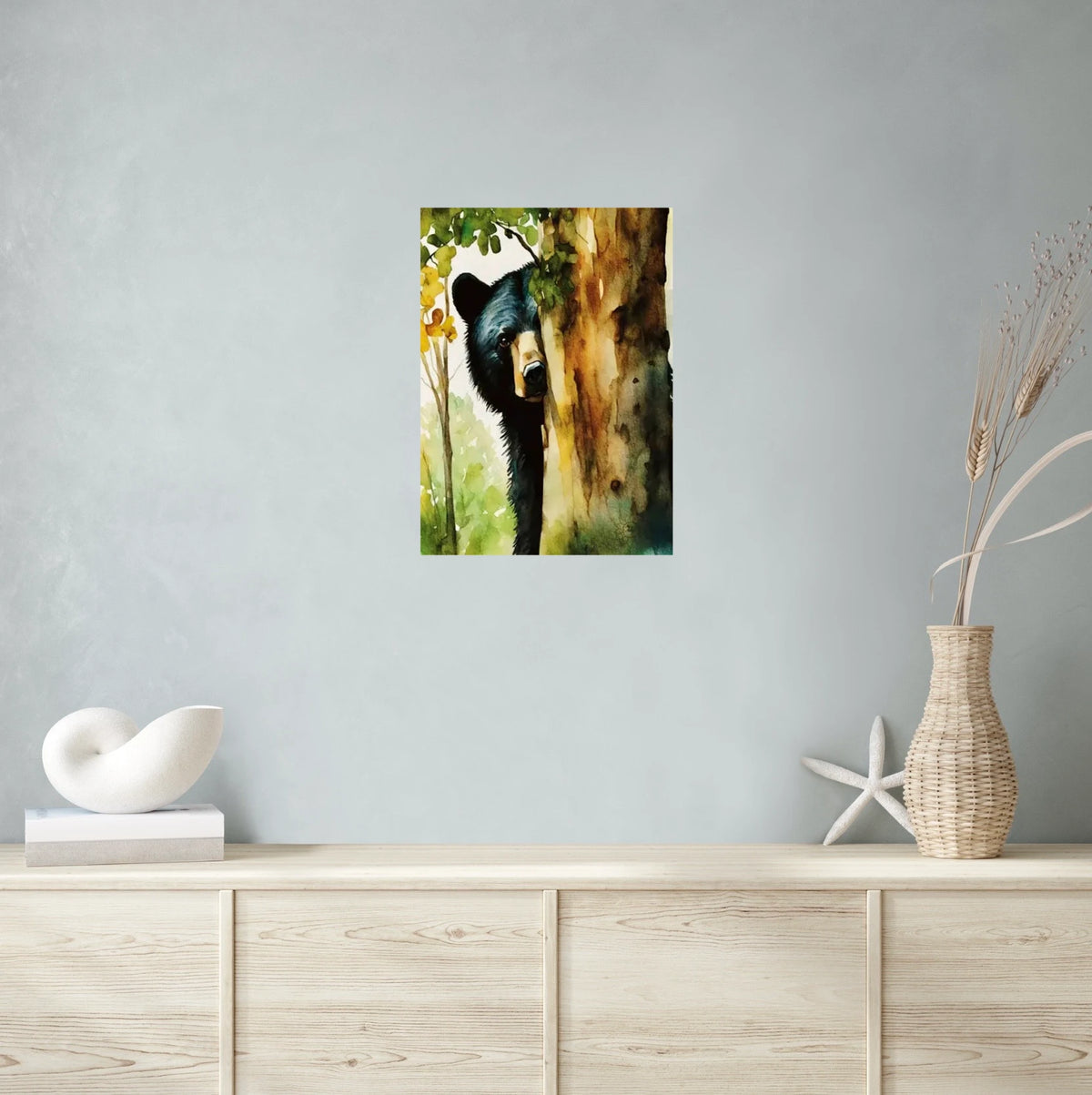 Black Bear Peeking from Behind a Tree in Fall - large 24 x 36 unframed art print shown hanging on a wall