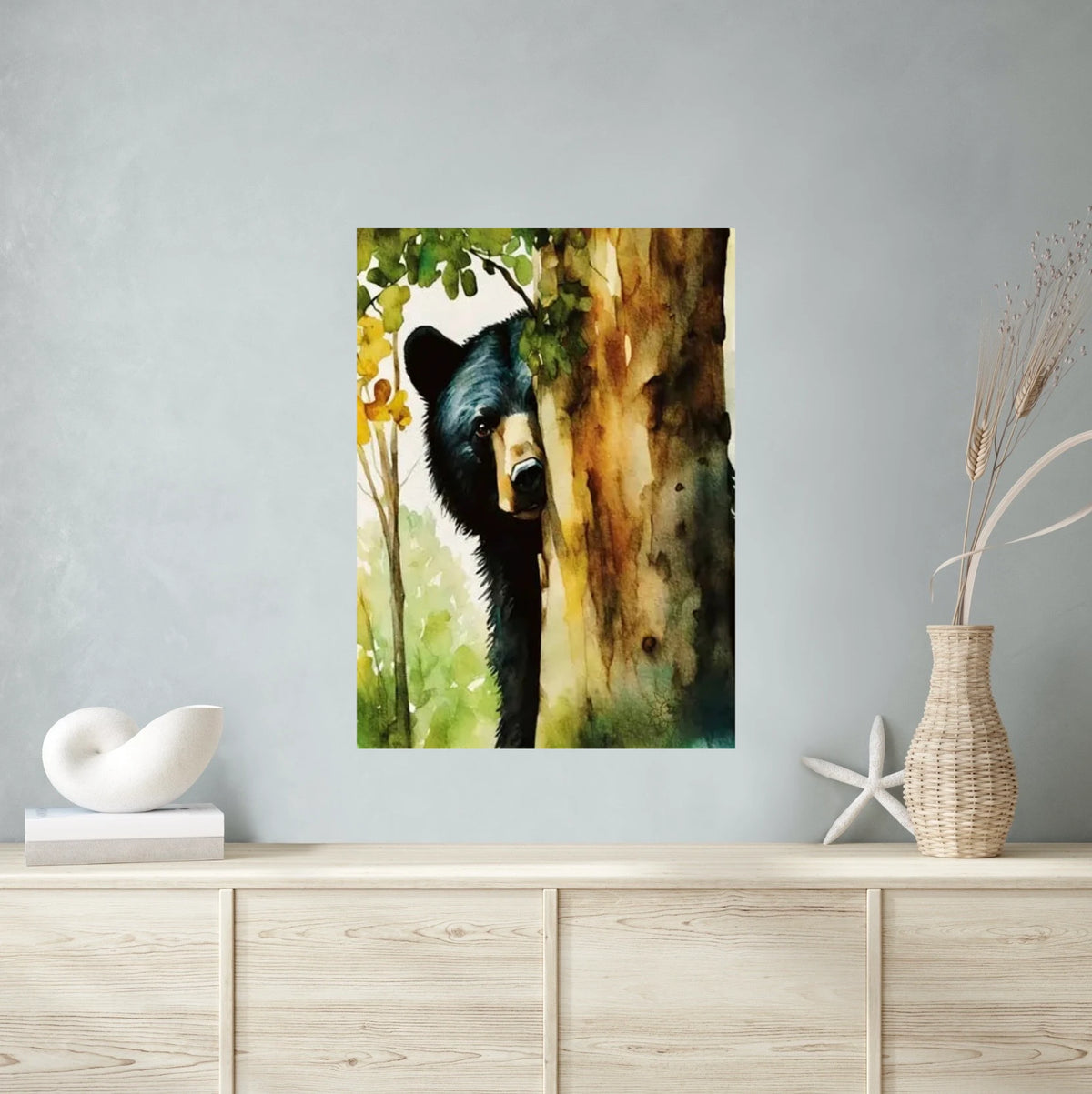 Black Bear Peeking from Behind a Tree in Fall - extra large 36 x 48 unframed art print shown hanging on a wall