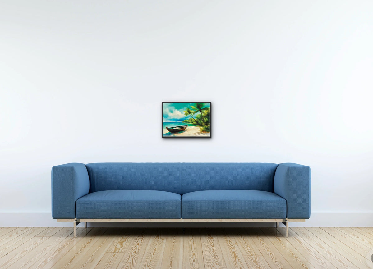 Beached Boat on Sand - medium 12 x 16 framed art print shown hanging on a wall