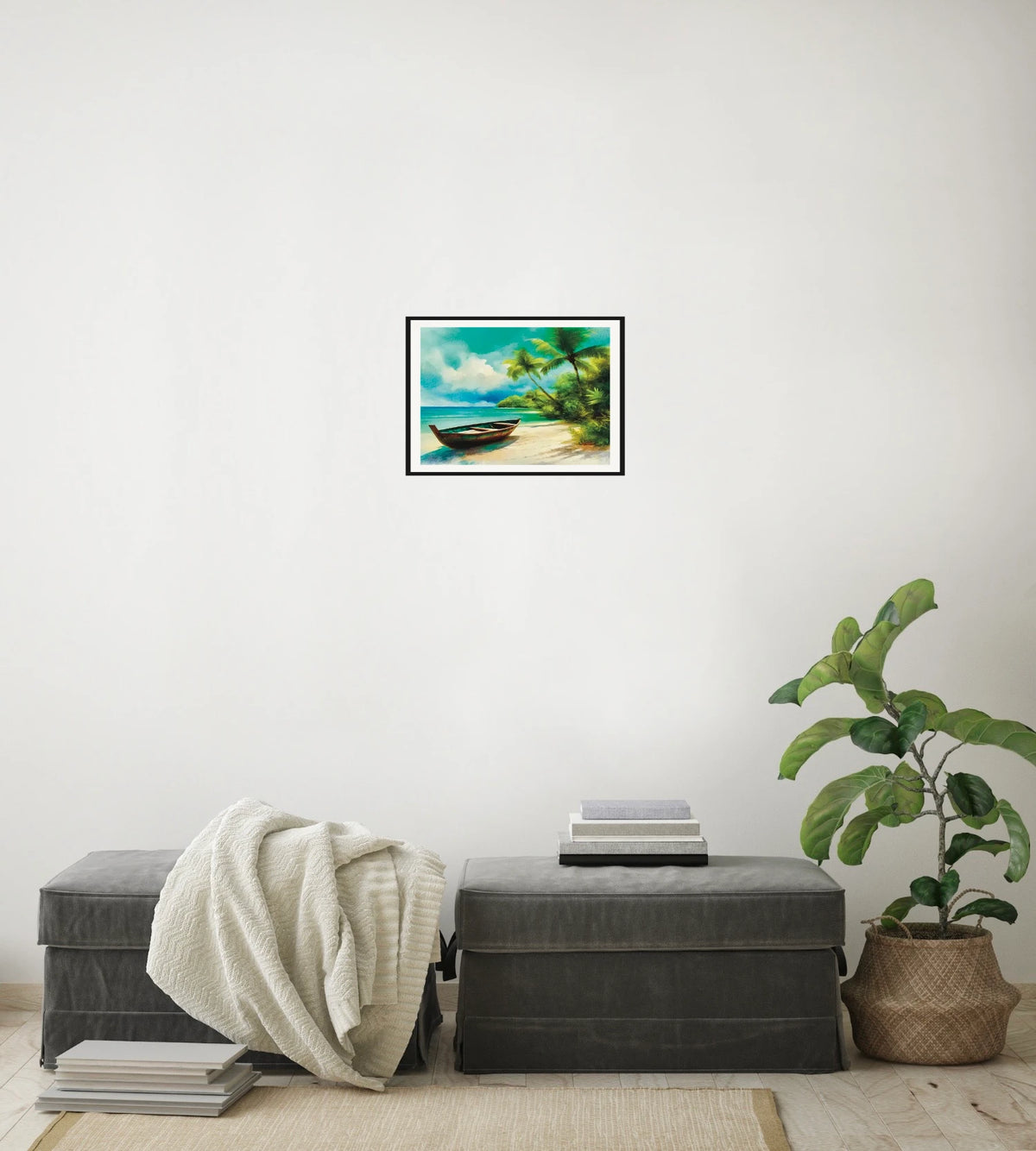 Beached Boat on Sand - medium 12 x 16 matted and framed art print shown hanging on a wall