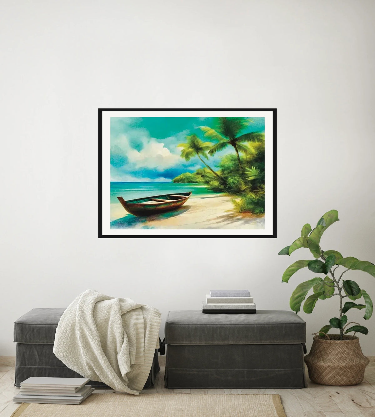 Beached Boat on Sand - large 24 x 36 matted and framed art print shown hanging on a wall