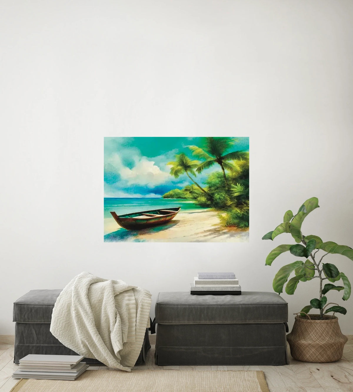Beached Boat on Sand - large 24 x 36 unframed art print shown hanging on a wall