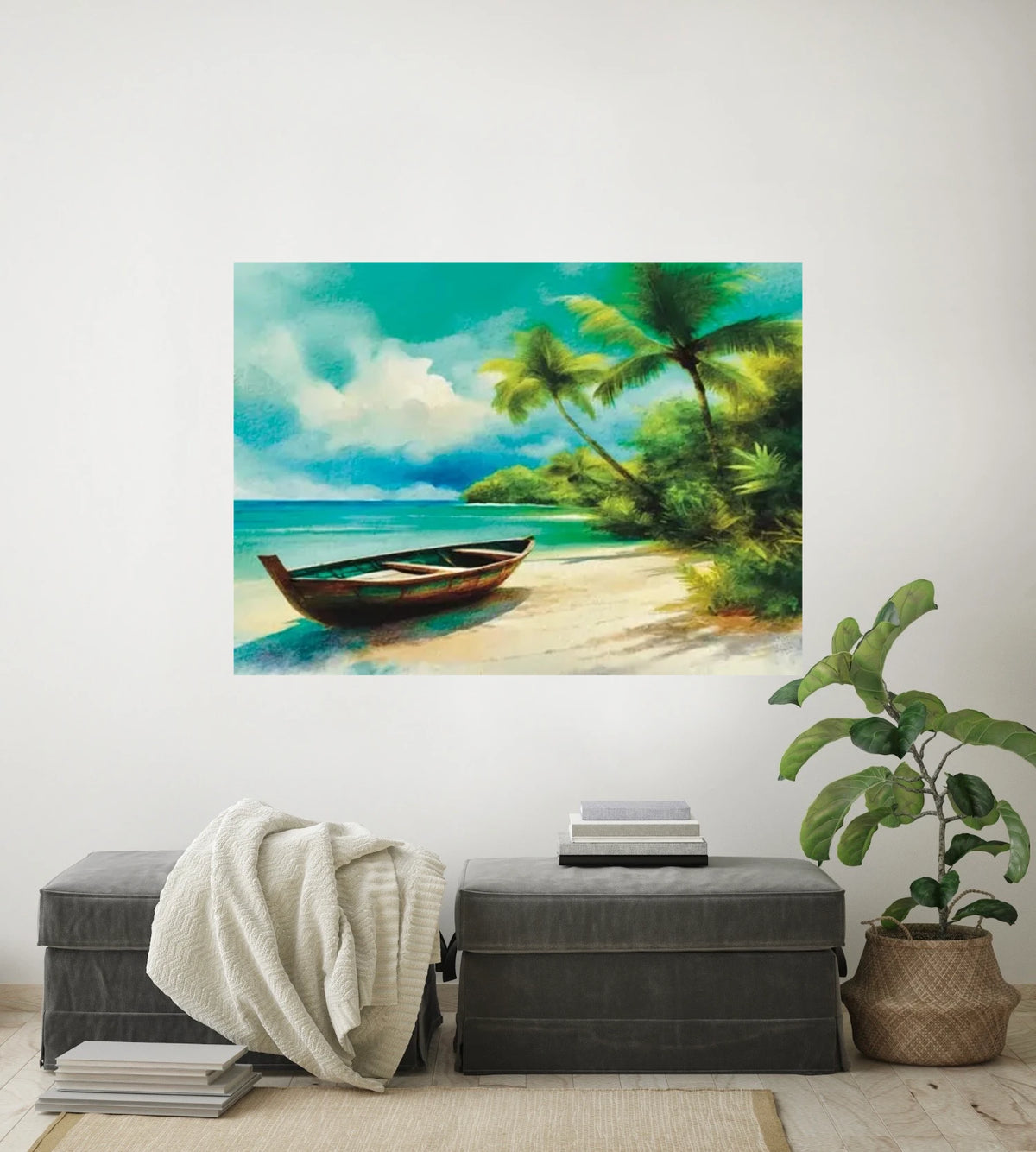 Beached Boat on Sand - extra large 36 x 48 unframed art print shown hanging on a wall