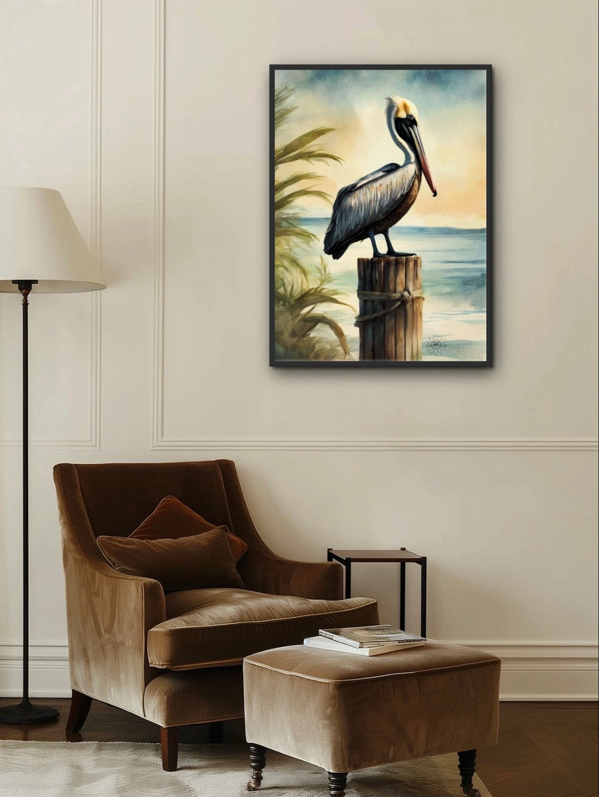 Beacon the Brown Pelican - extra large 36 x 48 framed art print shown hanging on a wall