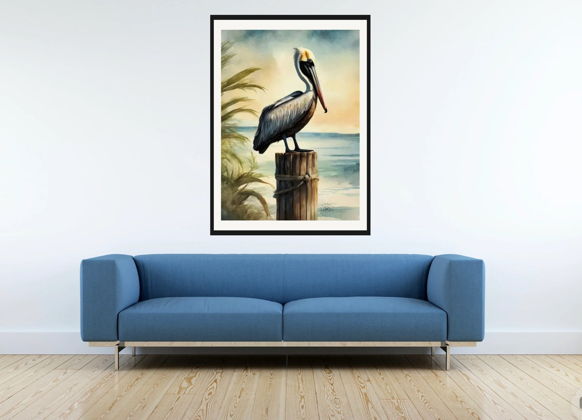 Beacon the Brown Pelican - extra large 36 x 48 matted and framed art print shown hanging on a wall