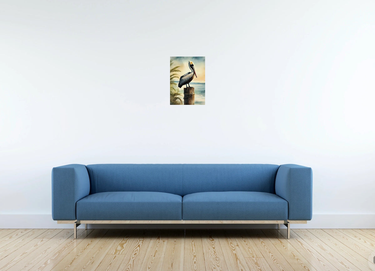 Beacon the Brown Pelican - medium 12 x 16 unframed art print shown hanging on a wall