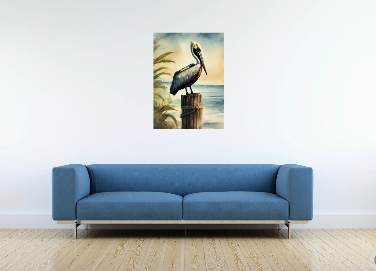 Beacon the Brown Pelican - large 24 x 36 unframed art print shown hanging on a wall