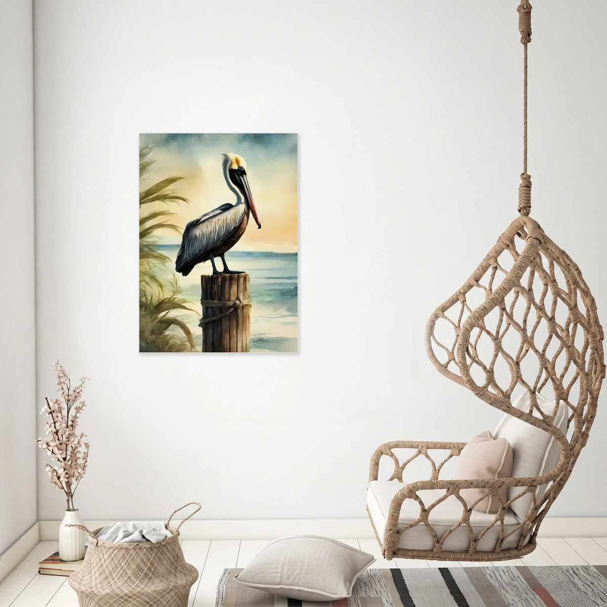 This is a large 24 x 36 unframed watercolor art print of a brown pelican perched on a weathered piling above calm water. Created by professional artists, this high-quality watercolor print on textured matte paper adds a touch of character to any home or office decor.