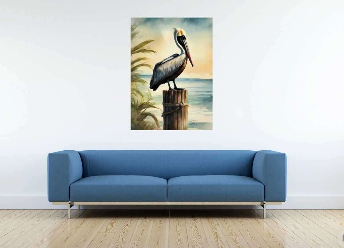 Beacon the Brown Pelican - extra large 36 x 48 unframed art print shown hanging on a wall