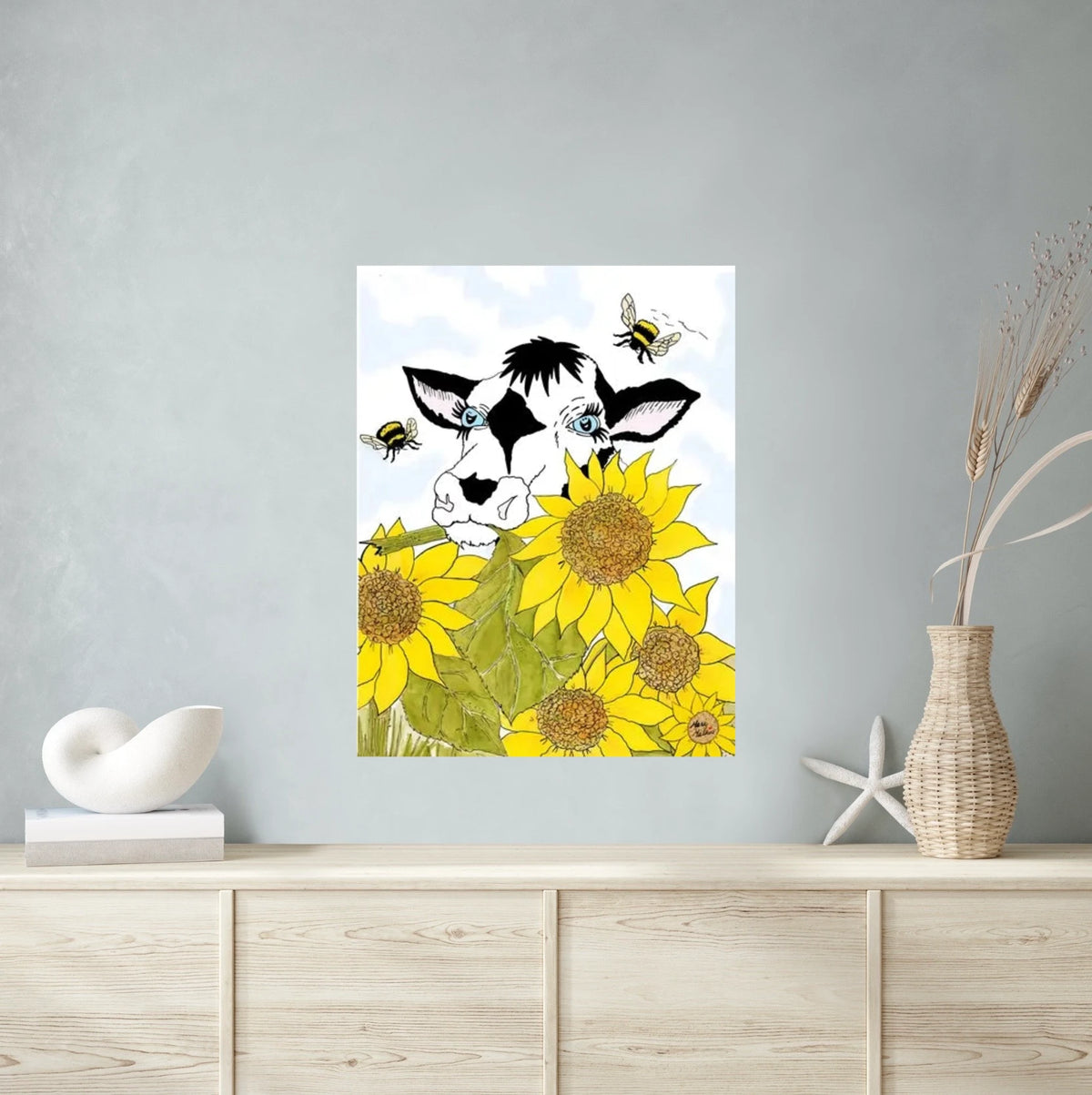 Bella Cow Among Sunflowers - extra large 36 x 48 unframed art print shown hanging on a wall